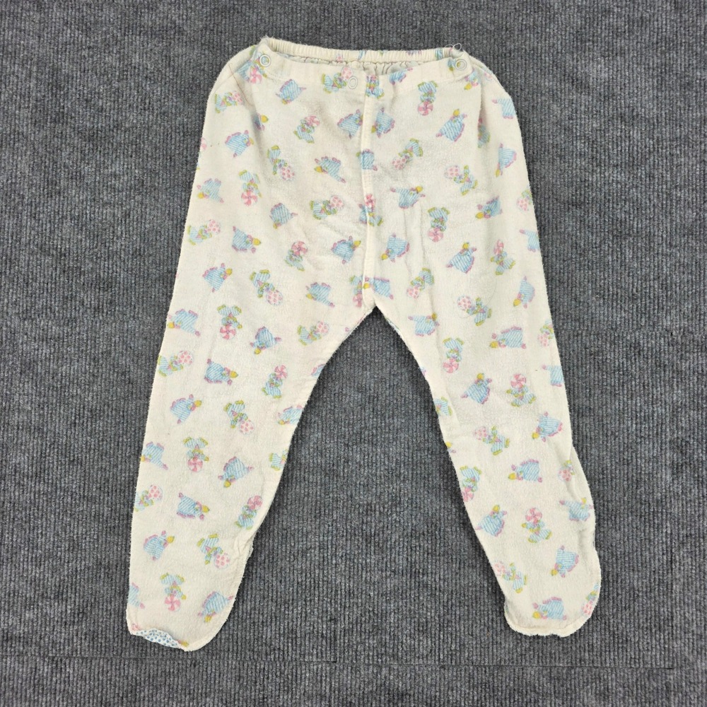 Vintage Footed Pajama Pants Pastel Bear Peppermint Print Cream Infant Toddler
